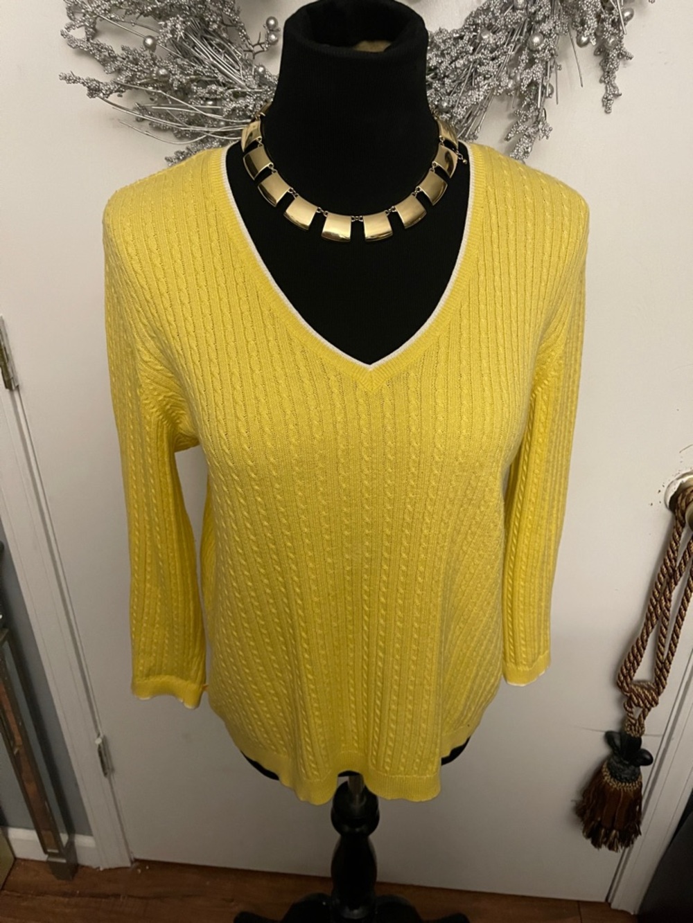 Lauren Ralph Lauren Bright Yellow V-Neck Cable Knit Sweater